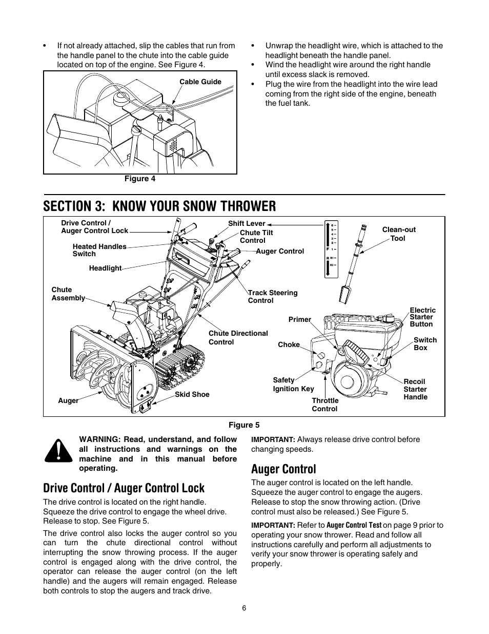 Section 3: know your snow thrower, Drive control / auger control lock, Auger control | MTD 31AH7S3G701 User Manual | Page 6 / 28