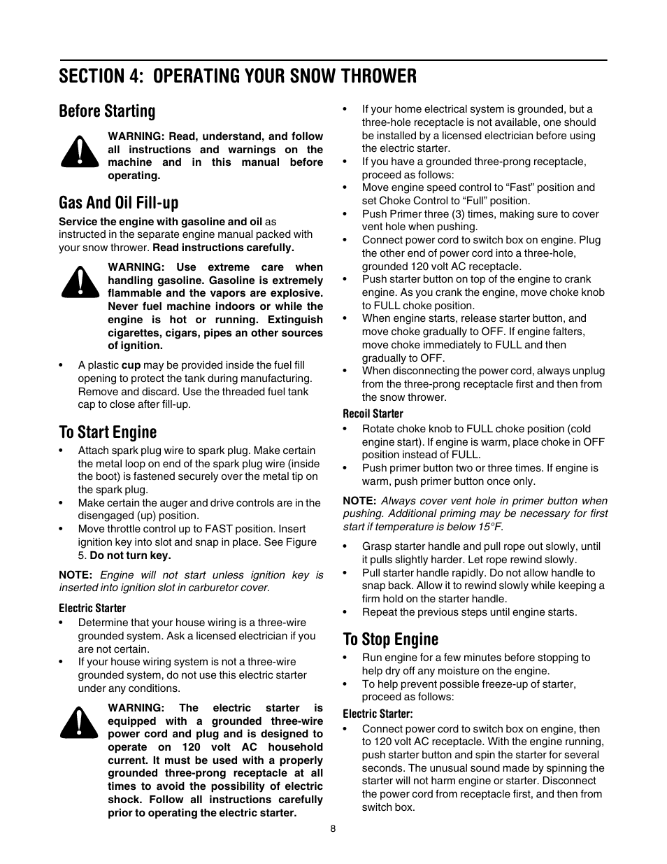 Section 4: operating your snow thrower, Before starting, Gas and oil fill-up | To start engine, To stop engine | MTD 31AH7S3G701 User Manual | Page 8 / 28