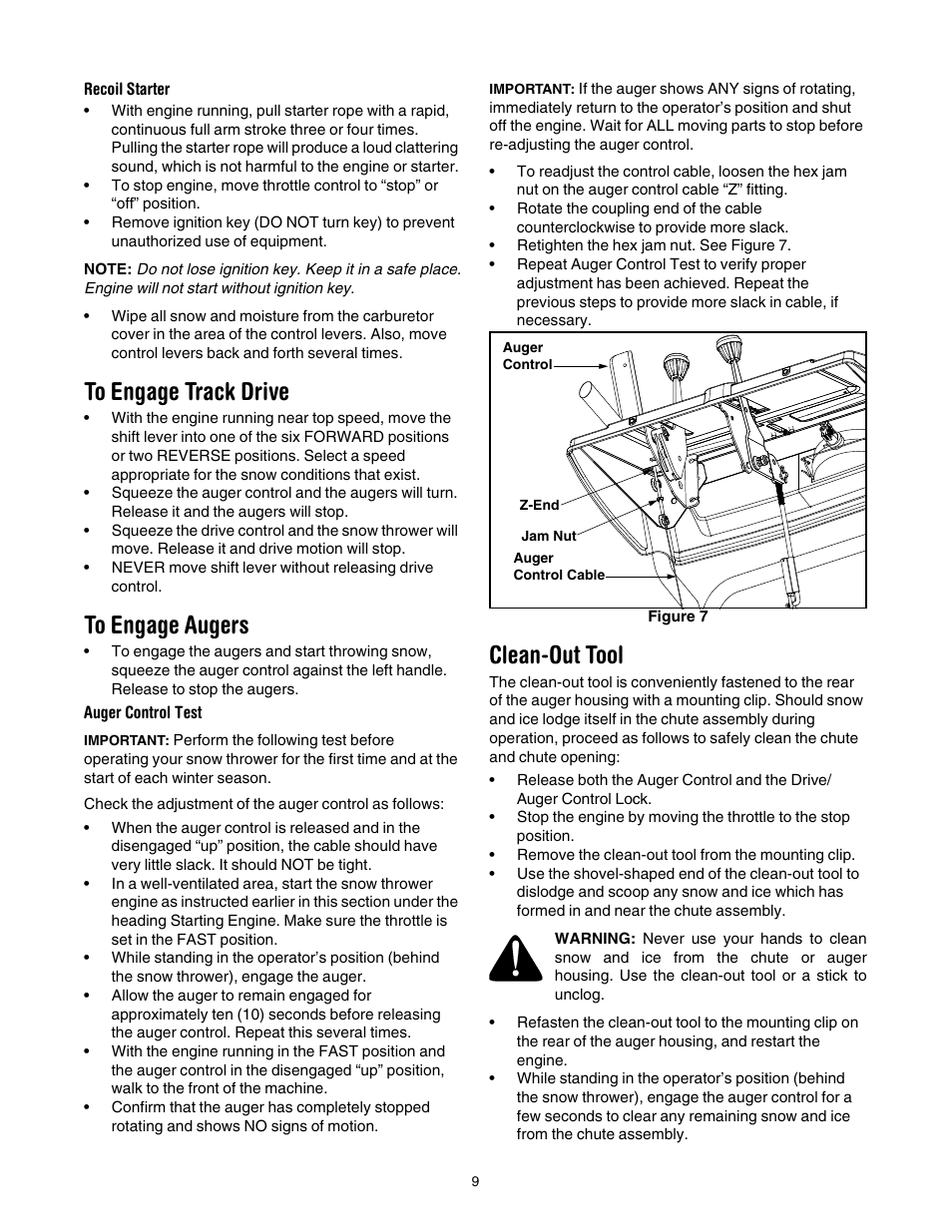 To engage track drive, To engage augers, Clean-out tool | Ge 9 pr | MTD 31AH7S3G701 User Manual | Page 9 / 28