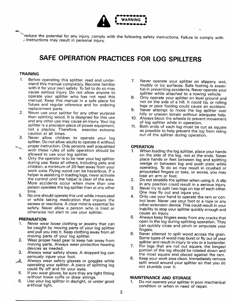 Safe operation practices for log spillters, Training, Preparation | Operation, Maintenance and storage | MTD 24632-8 User Manual | Page 3 / 10