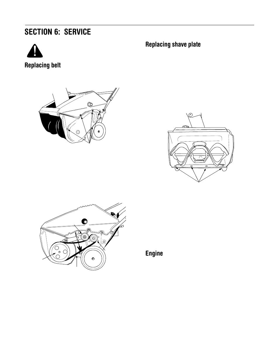 Replacing belt, Replacing shave plate, Engine | MTD Series 140 through E173 User Manual | Page 10 / 24