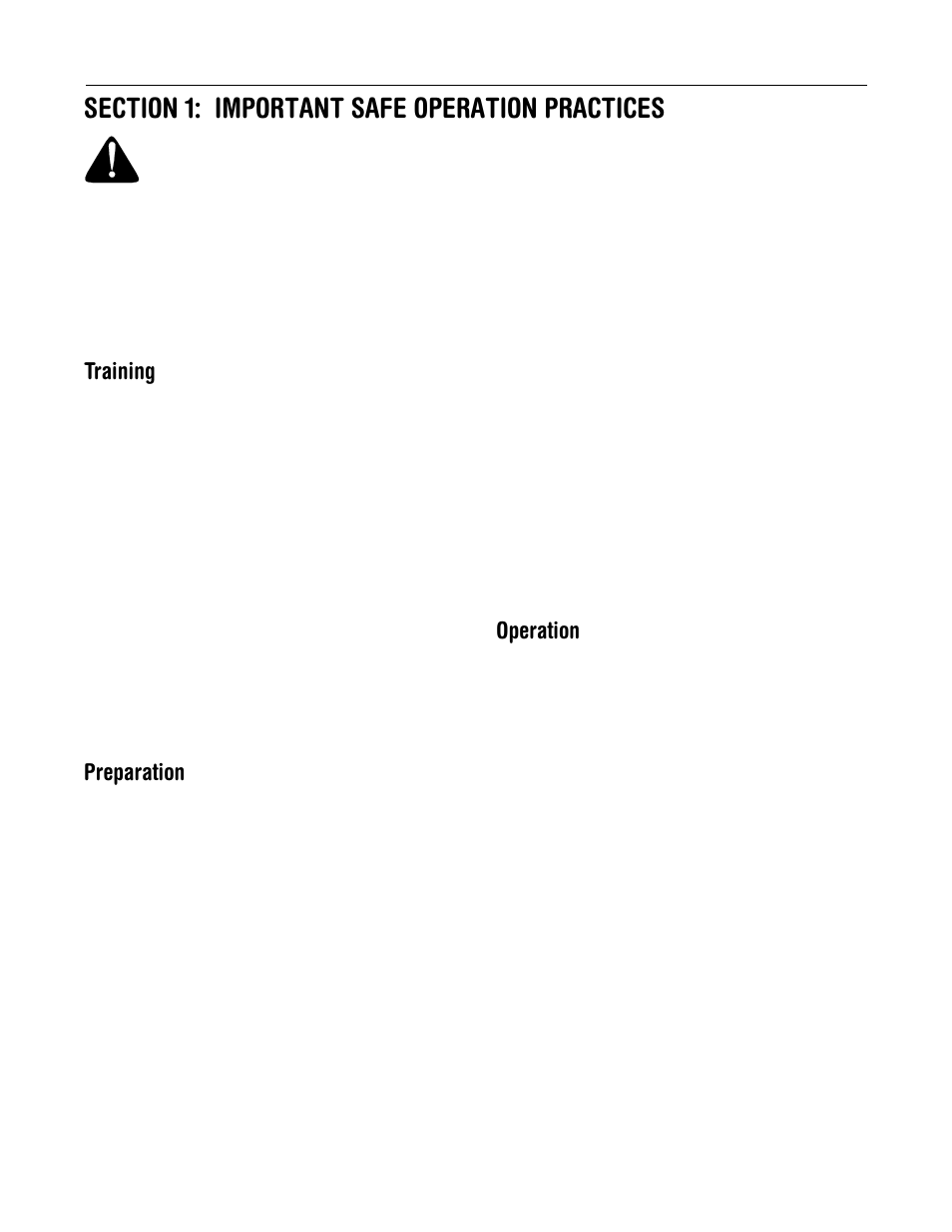 Training, Preparation, Operation | Warning | MTD Series 140 through E173 User Manual | Page 3 / 24