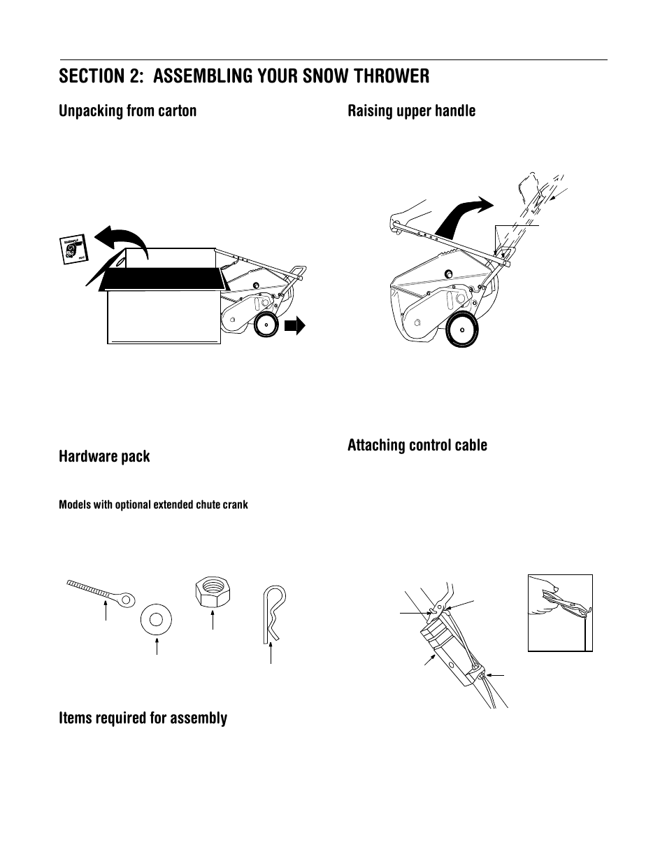 Unpacking from carton, Hardware pack, Items required for assembly | Raising upper handle, Attaching control cable | MTD Series 140 through E173 User Manual | Page 5 / 24