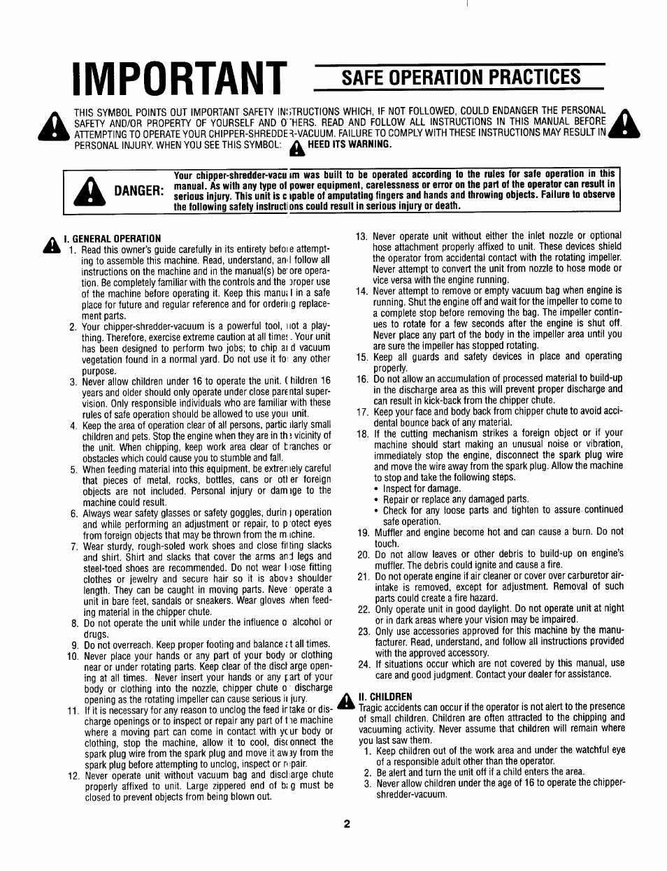 Important, Safe operation practices, I. general operation | Ii. children | MTD Yard-Man 203b User Manual | Page 2 / 12