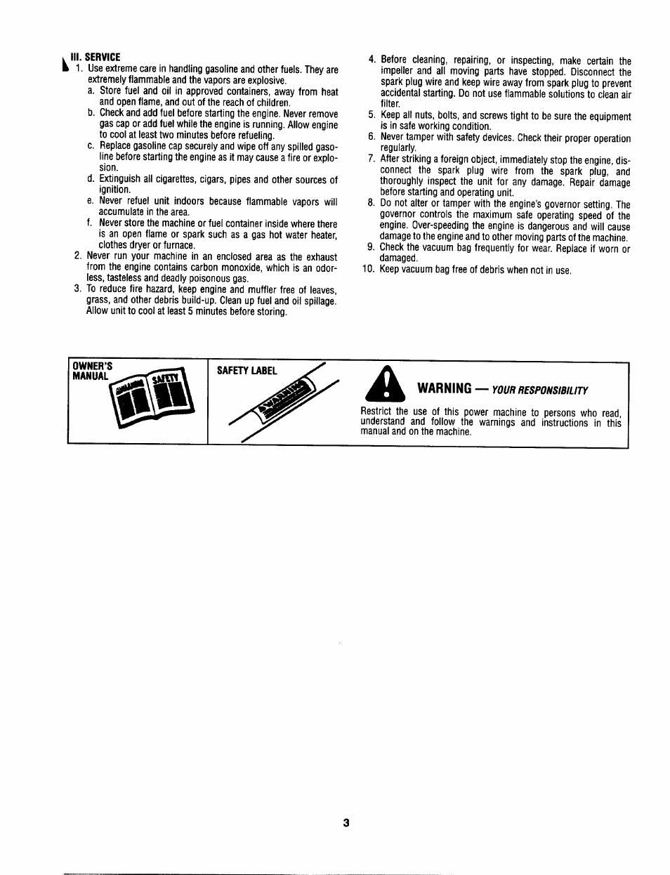 Iii. service, Owner’s, Manual | MTD Yard-Man 203b User Manual | Page 3 / 12