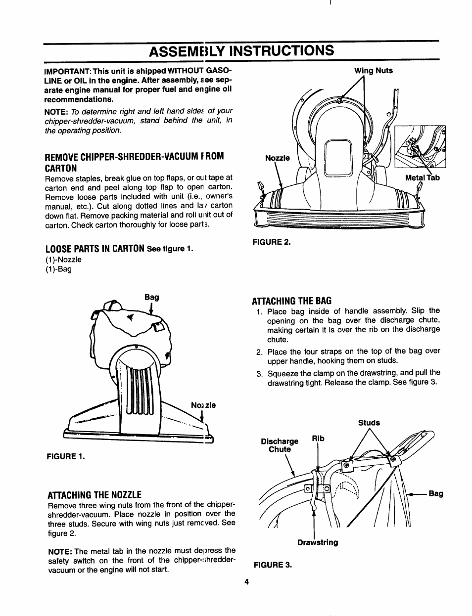 Asseme^ly instructions, Remove chipper-shredder-vacuum from carton, Loose parts in carton see figure 1 | Ahaching the nozzle, Ahaching the bag | MTD Yard-Man 203b User Manual | Page 4 / 12