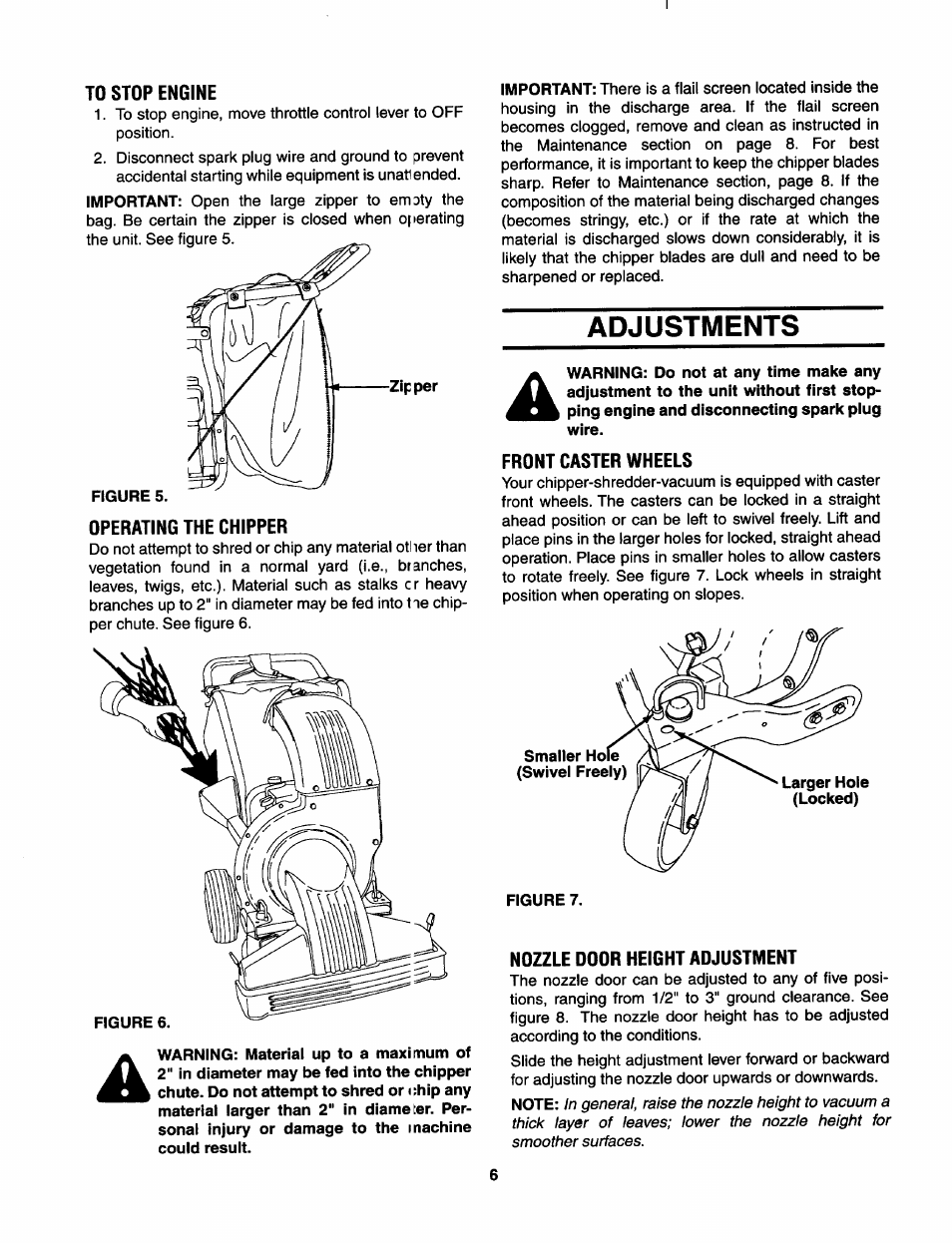 To stop engine, Operating the chipper, Adjustments | Front caster wheels, Nozzle door height adjustment | MTD Yard-Man 203b User Manual | Page 6 / 12