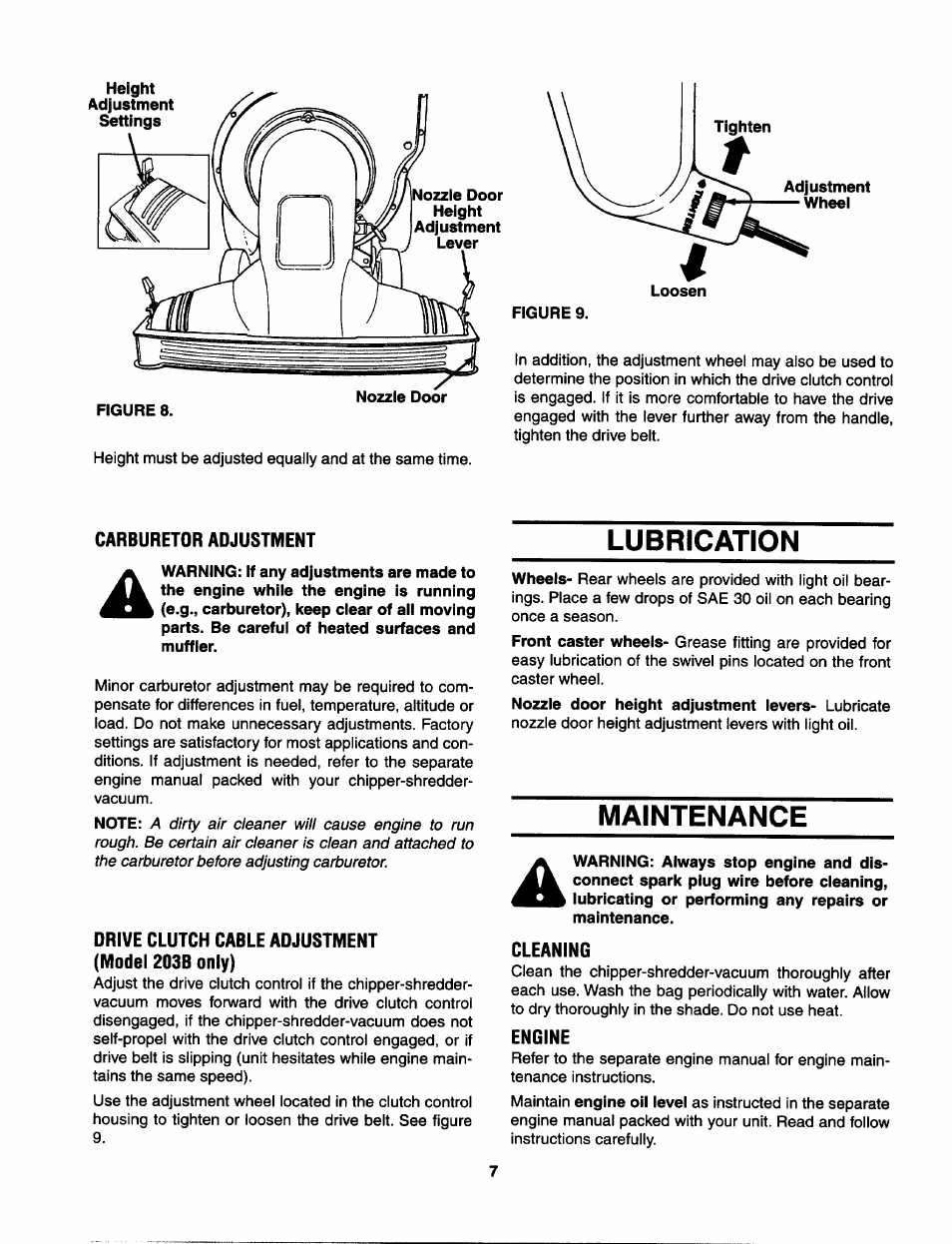Carburetor adjustment, Lubrication, Drive clutch cable adjustment (model 203b only) | Maintenance, Cleaning, Engine | MTD Yard-Man 203b User Manual | Page 7 / 12