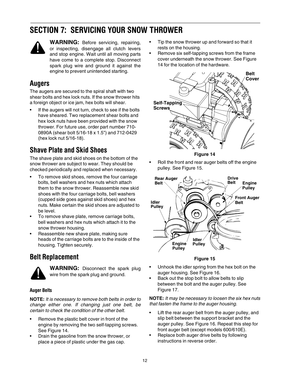 Augers, Shave plate and skid shoes, Belt replacement | MTD 640 User Manual | Page 12 / 24