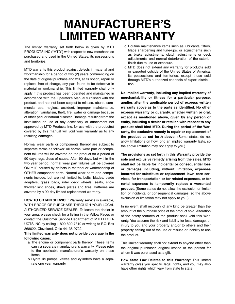 Manufacturer’s limited warranty | MTD 640 User Manual | Page 24 / 24