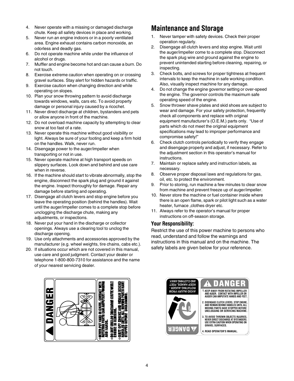 Danger, Maintenance and storage, Your responsibility | MTD 640 User Manual | Page 4 / 24