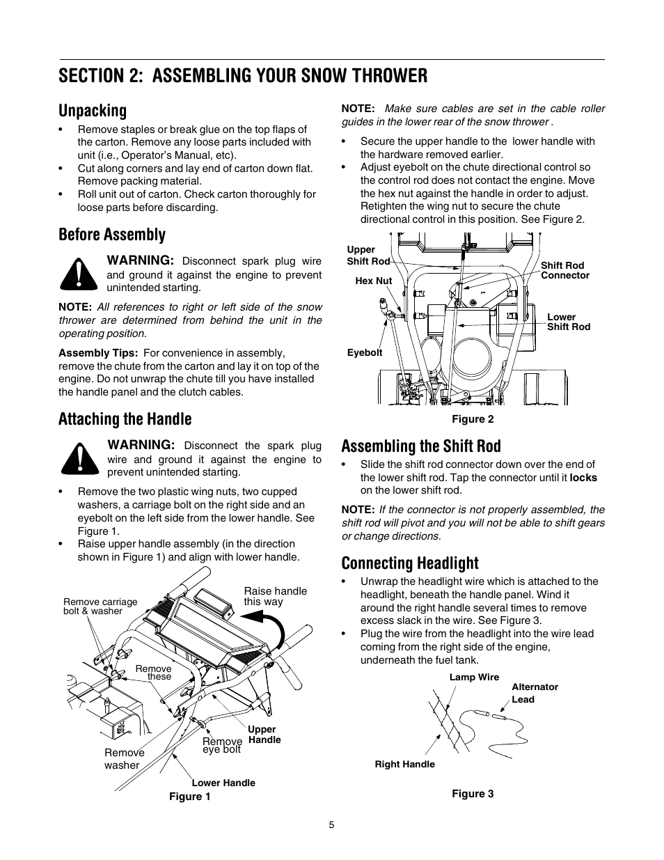 Unpacking, Before assembly, Attaching the handle | Assembling the shift rod, Connecting headlight | MTD 640 User Manual | Page 5 / 24