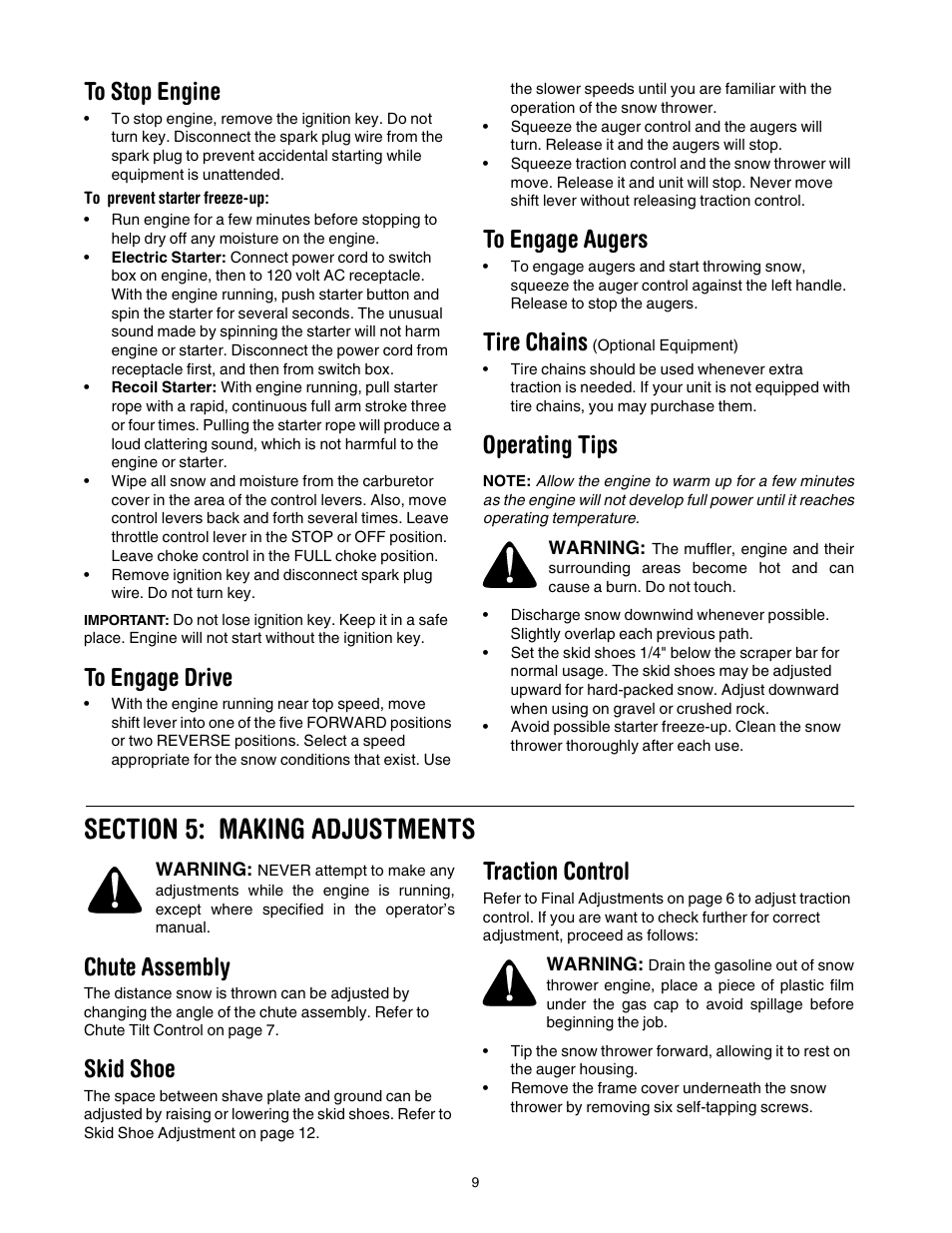 Tire chains, Operating tips, Chute assembly | Skid shoe, Traction control | MTD 640 User Manual | Page 9 / 24