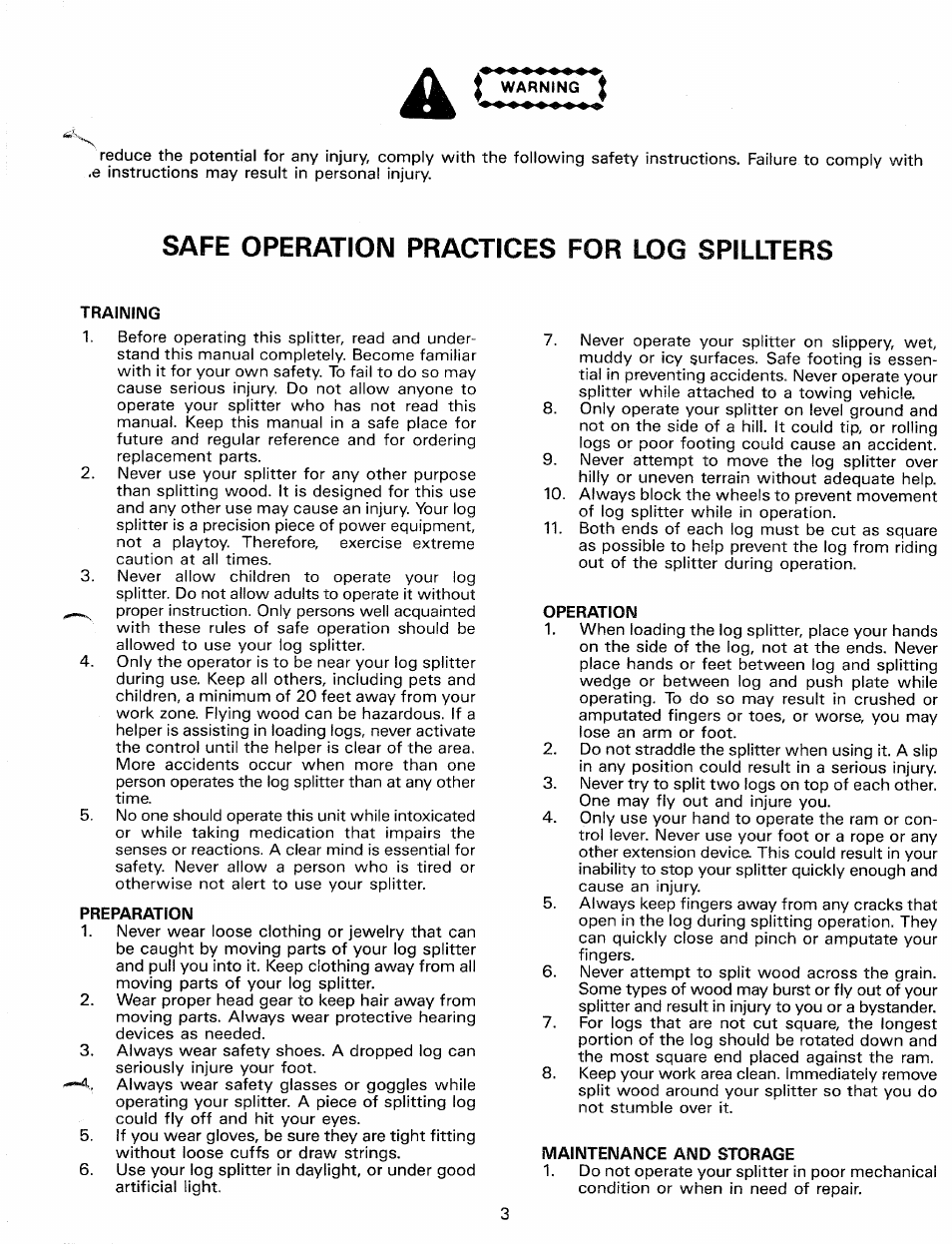 I warning i, Safe operation practices for log spillters, Training | Preparation, Operation, Maintenance and storage | MTD 24632B User Manual | Page 3 / 10