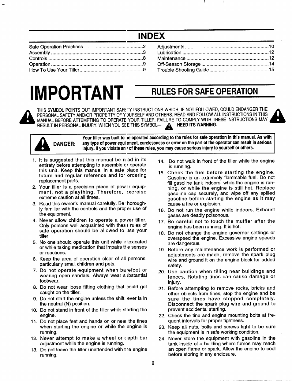 Index, Rules for safe operation, Important | MTD 406 User Manual | Page 2 / 16