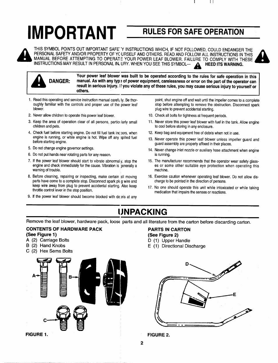 Important, Rules for safe operation, Unpacking | MTD 692 thru 693 User Manual | Page 2 / 8