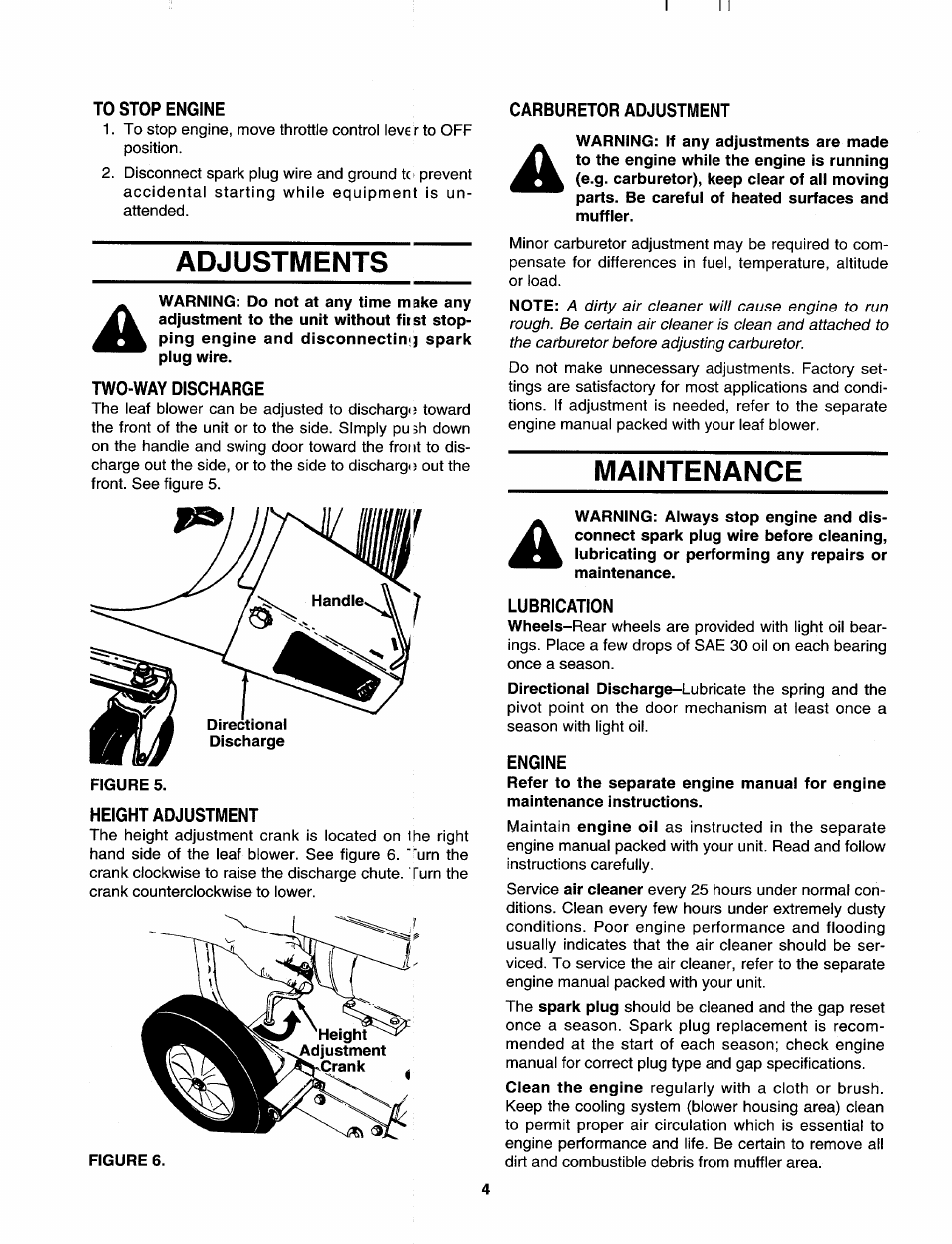 To stop engine, Adjustments, Carburetor adjustment | Two-way discharge, Height adjustment, Maintenance, Lubrication, Engine | MTD 692 thru 693 User Manual | Page 4 / 8