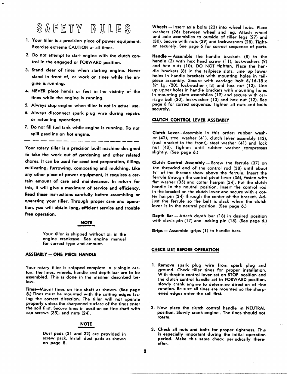 Note, Assembly-one piece handle, Check list before operation | MTD 215-100AB2 User Manual | Page 2 / 12