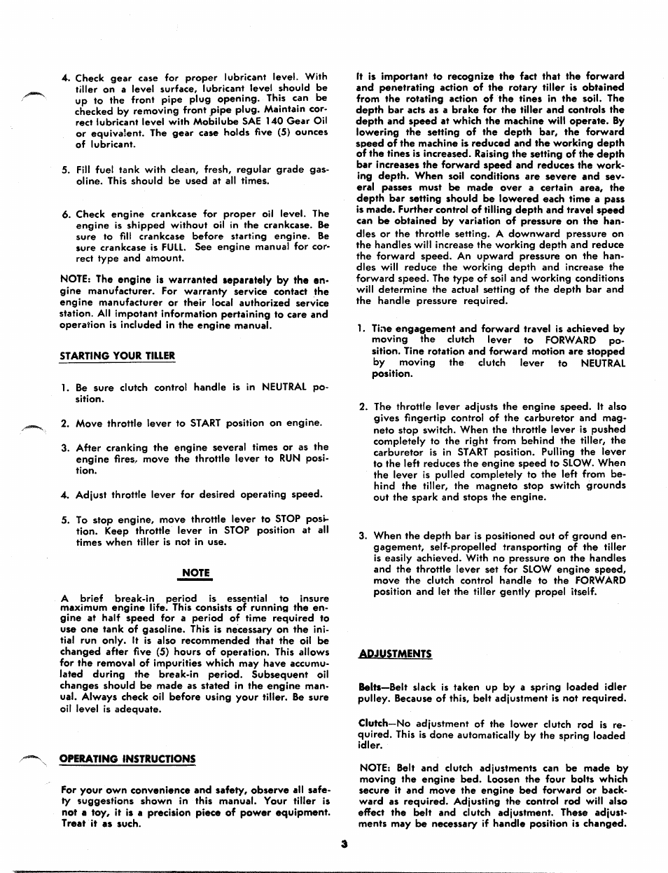 Starting your tiller, Note, Operating instructions | Adjustments | MTD 215-100AB2 User Manual | Page 3 / 12