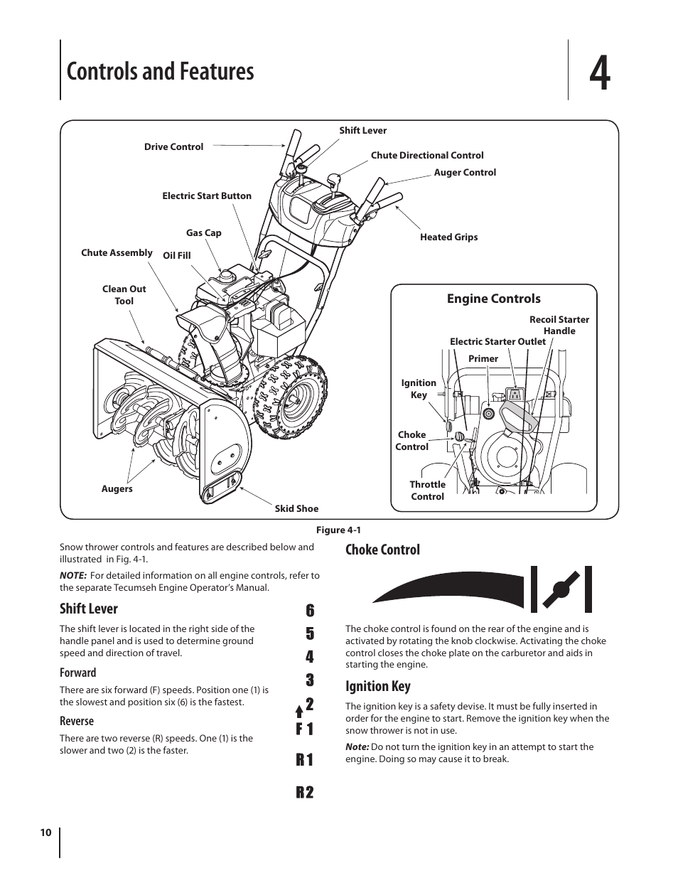 Controls and features, Shift lever, Choke control | Ignition key | MTD L Style 600-Series User Manual | Page 10 / 24