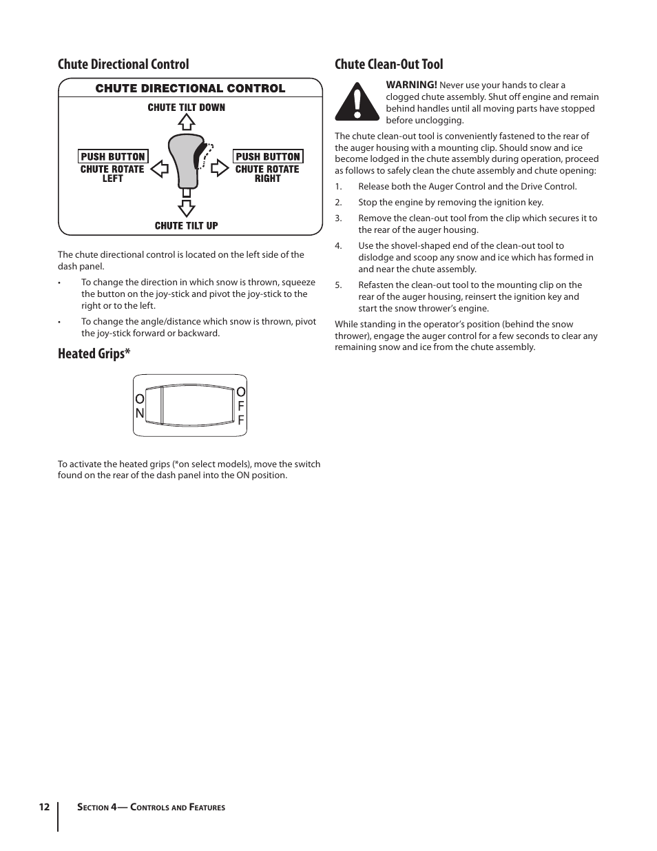 Chute directional control, Heated grips, Chute clean-out tool | MTD L Style 600-Series User Manual | Page 12 / 24