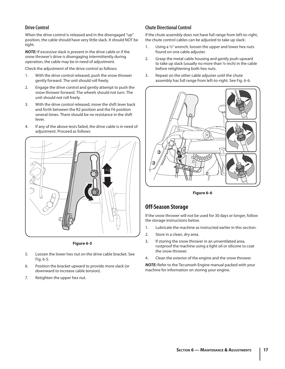 Off-season storage, Drive control, Chute directional control | MTD L Style 600-Series User Manual | Page 17 / 24