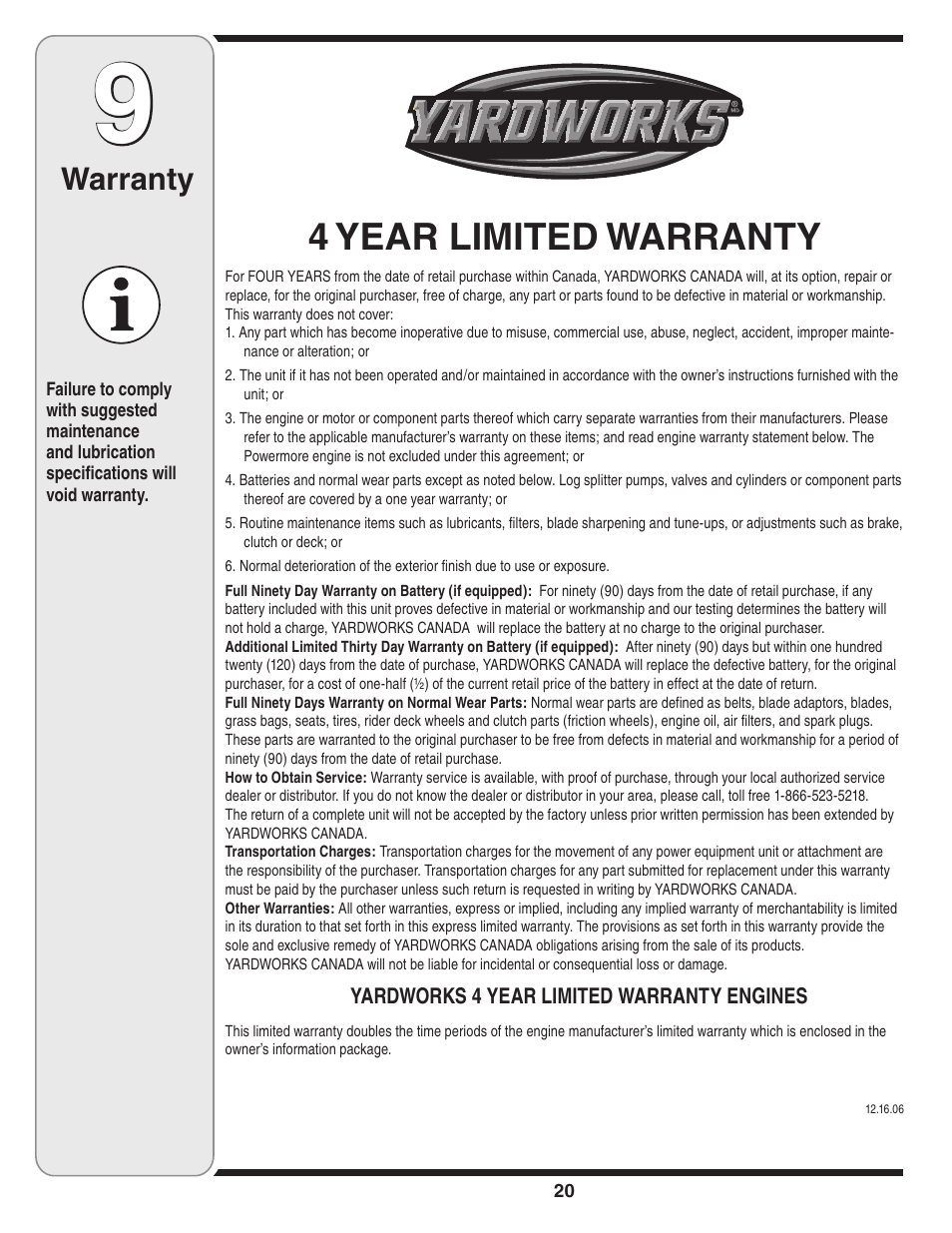 4 year limited warranty, Warranty | MTD 769-03250 User Manual | Page 20 / 52