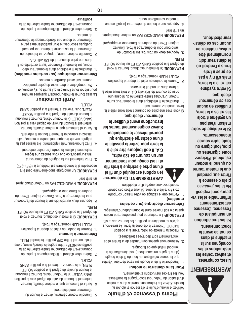 Aver tissement, Pleins d’essence et d’huile, Arrêt du moteur | MTD 769-03250 User Manual | Page 43 / 52