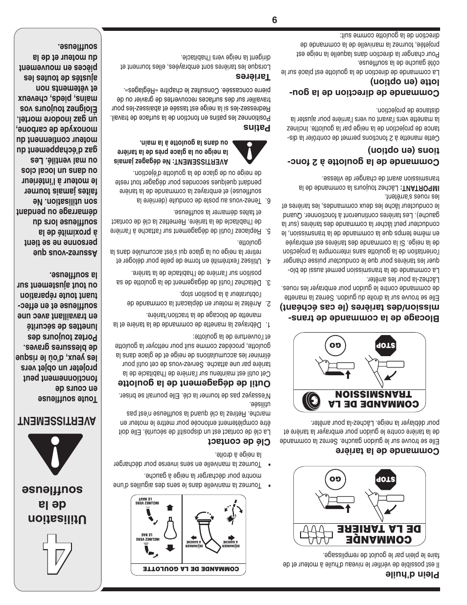 Utilisation de la souffleuse, Aver tissement | MTD 769-03250 User Manual | Page 44 / 52