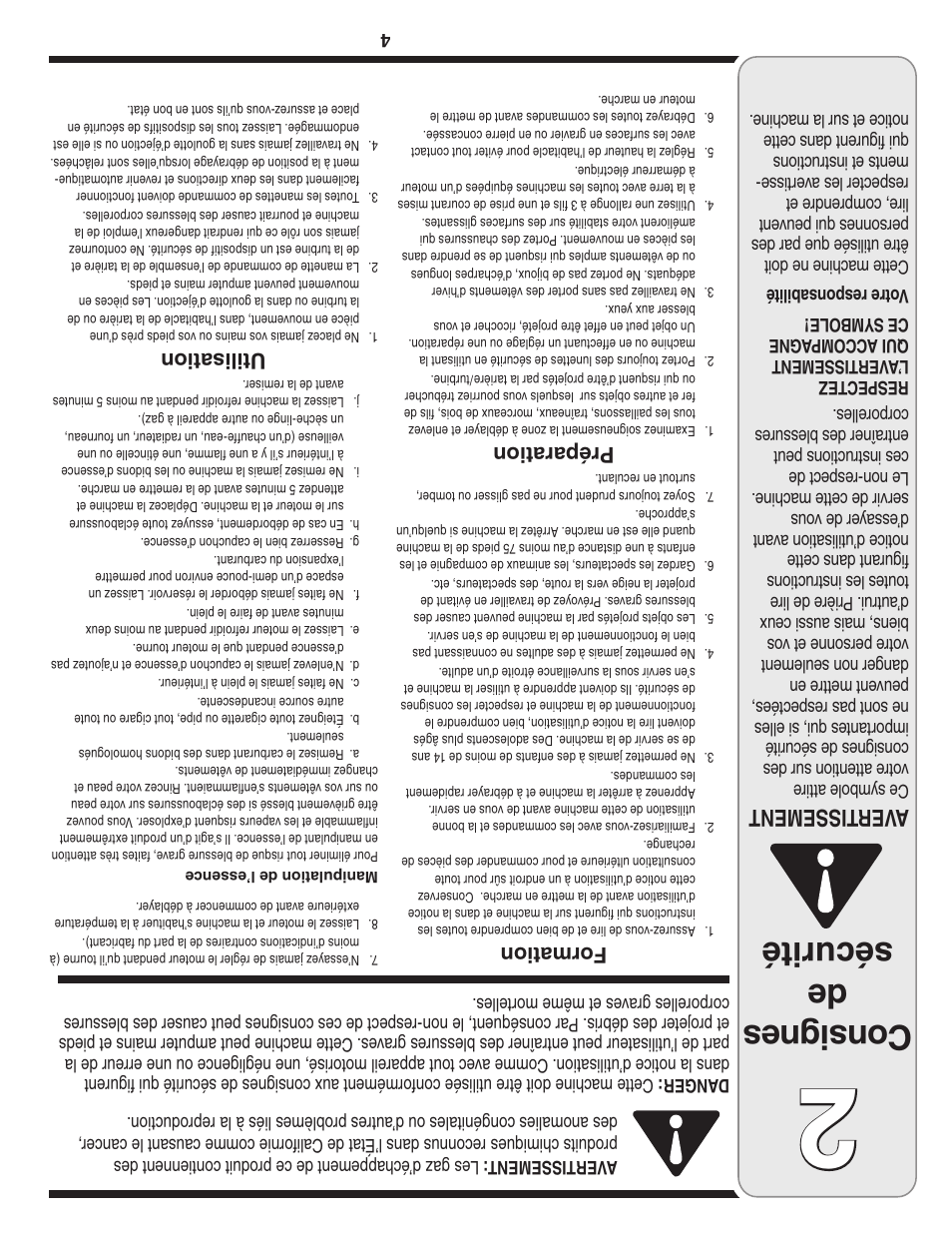 Con sig nes de sécurité, Aver tissement, Formation | Préparation, Utilisation | MTD 769-03250 User Manual | Page 49 / 52