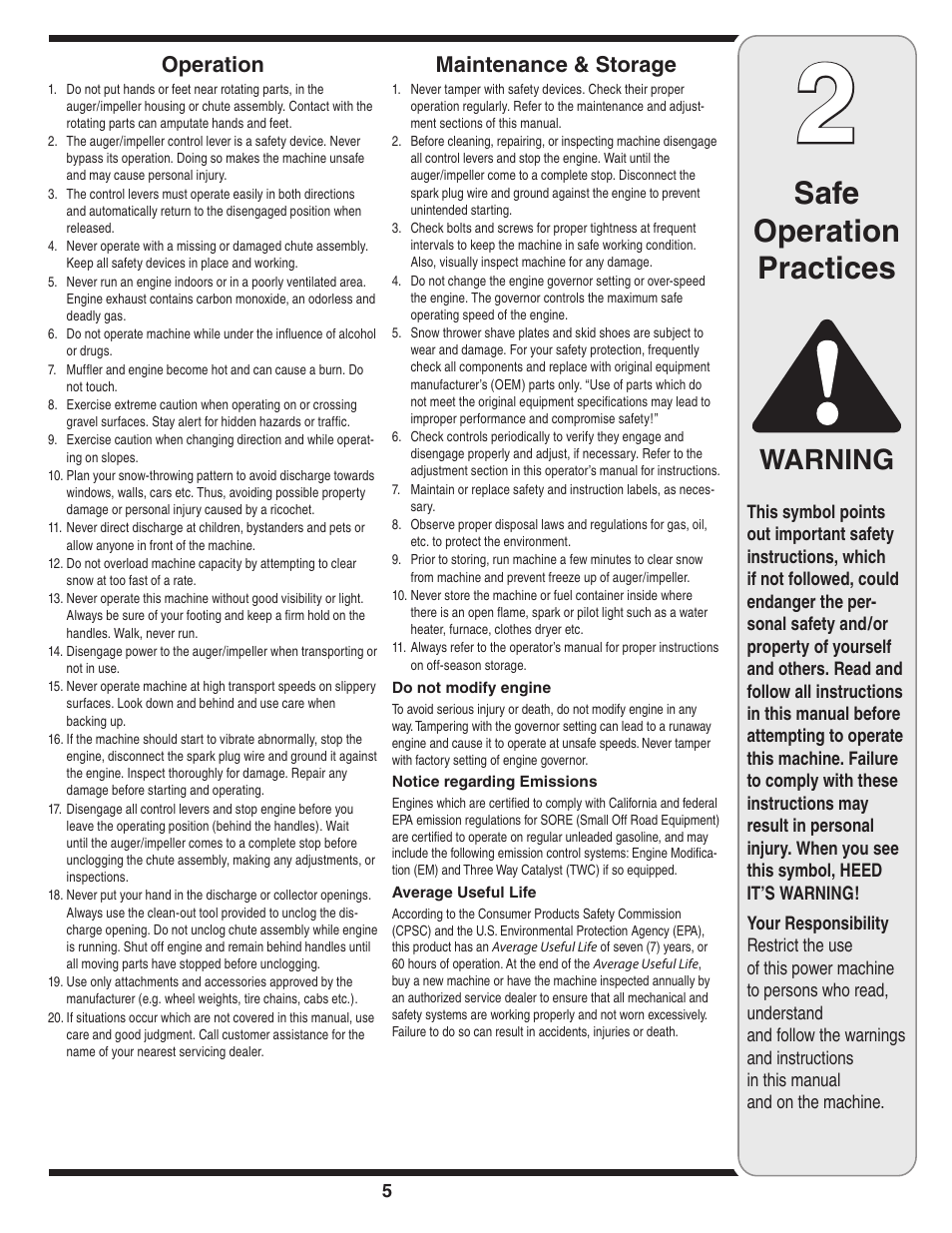 Safe operation practices, Warning, Operation | Maintenance & storage | MTD 769-03250 User Manual | Page 5 / 52