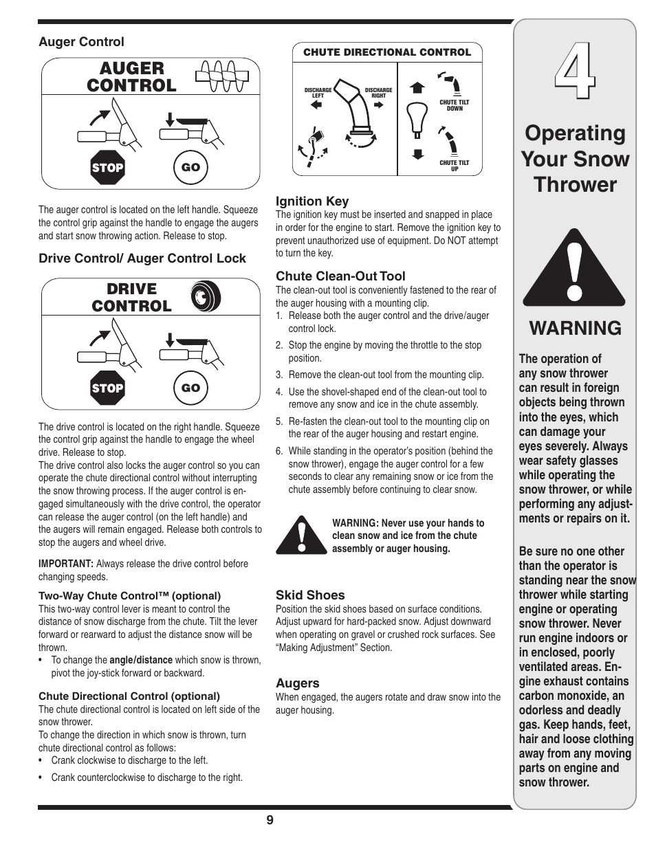 Operating your snow thrower, Warning | MTD 769-03250 User Manual | Page 9 / 52