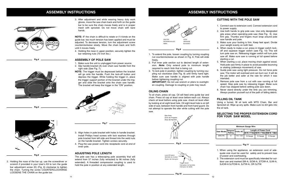 Assembly instructions, Assembly of pole saw, Adjusting pole length | Oiling chain, Cutting with the pole saw, Filling oil tank | MTD PS User Manual | Page 12 / 68