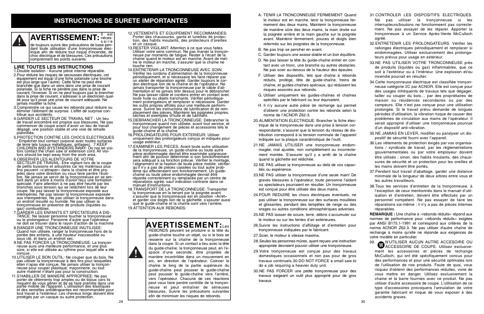 Avertissement, Instructions de surete importantes | MTD PS User Manual | Page 30 / 68