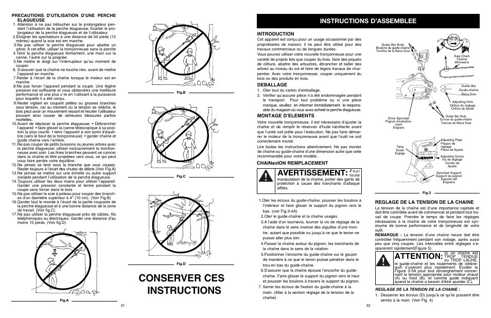 Conserver ces instructions, Attention, Avertissement | Instructions d’assemblee | MTD PS User Manual | Page 33 / 68