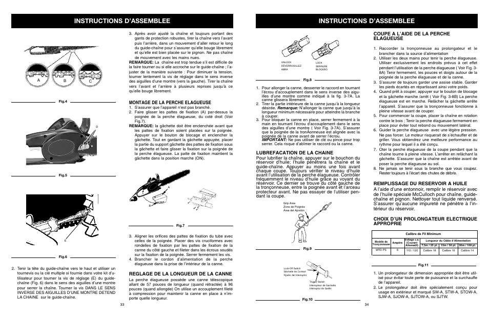 Instructions d’assemblee, Montage de la perche elagueuse, Reglage de la longueur de la canne | Lubrefacation de la chaine, Coupe a l’aide de la perche elagueuse, Remplissage du reservoir a huile | MTD PS User Manual | Page 34 / 68