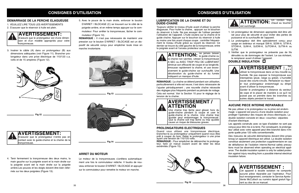 Avertissement, Attention, Avertissement / attention | Consignes d’utilisation | MTD PS User Manual | Page 36 / 68