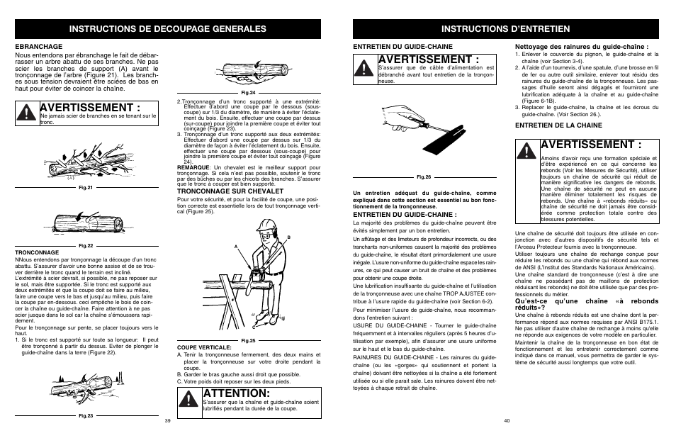 Attention, Avertissement, Instructions de decoupage generales | Instructions d’entretien | MTD PS User Manual | Page 40 / 68