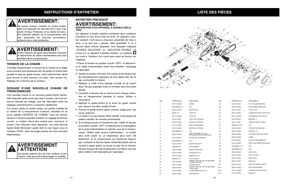 Avertissement, Avertissement / attention, Instructions d’entretien liste des pièces | Tension de la chaine, Rodage d’une nouvelle chaine de tronconneuse, Entretien preventif | MTD PS User Manual | Page 42 / 68