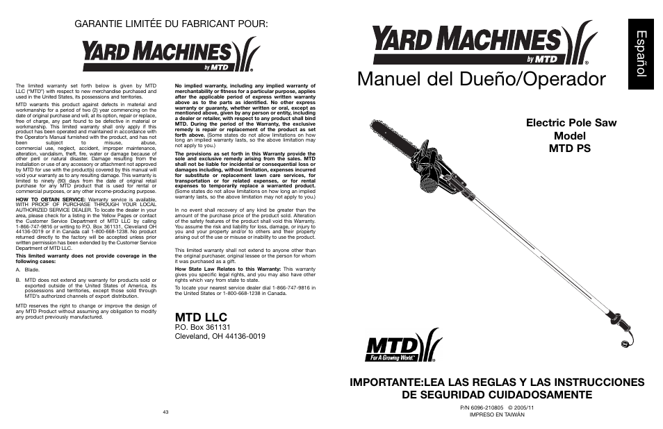 Manuel del dueño/operador, Español, Mtd llc | Garantie limitée du fabricant pour | MTD PS User Manual | Page 44 / 68