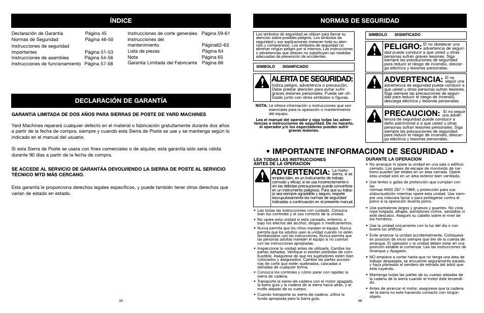 Advertencia, Peligro, Precaucion | Alerta de seguridad, Importante informacion de seguridad, Índice, Declaración de garantía, Normas de seguridad | MTD PS User Manual | Page 46 / 68