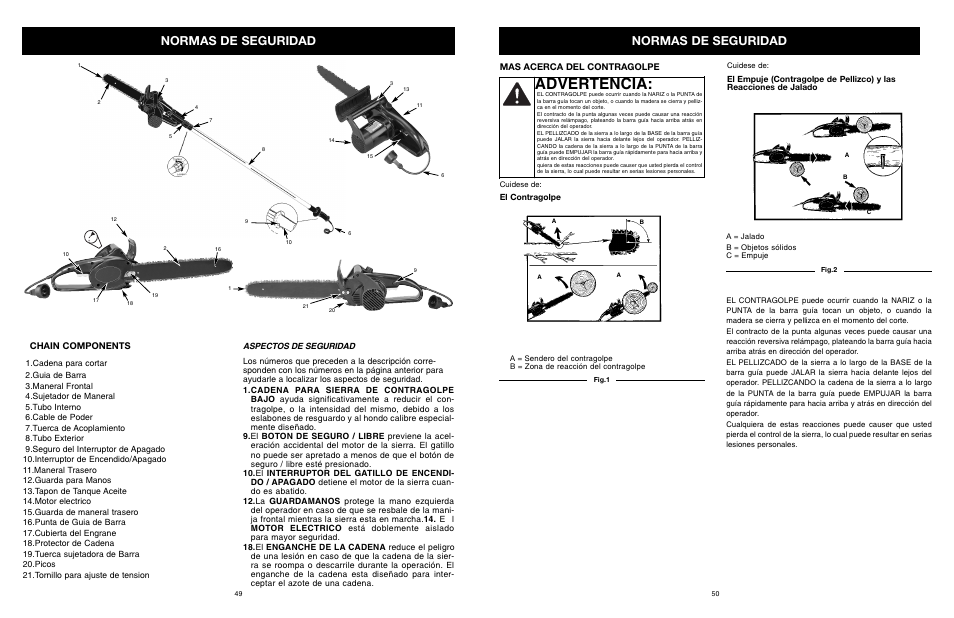 Advertencia, Normas de seguridad, Chain components | Mas acerca del contragolpe | MTD PS User Manual | Page 50 / 68