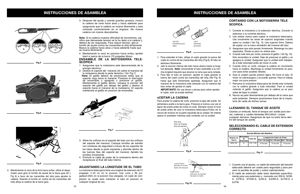 Instrucciones de asamblea, Ensamble de la motosierra tele- scopica, Adjustando la longitude de el tubo | Ceitar la cadena, Cortando con la motosierra tele scopica, Llenando el tanque de aceite, Seleccionando el cable de extension correcto | MTD PS User Manual | Page 57 / 68