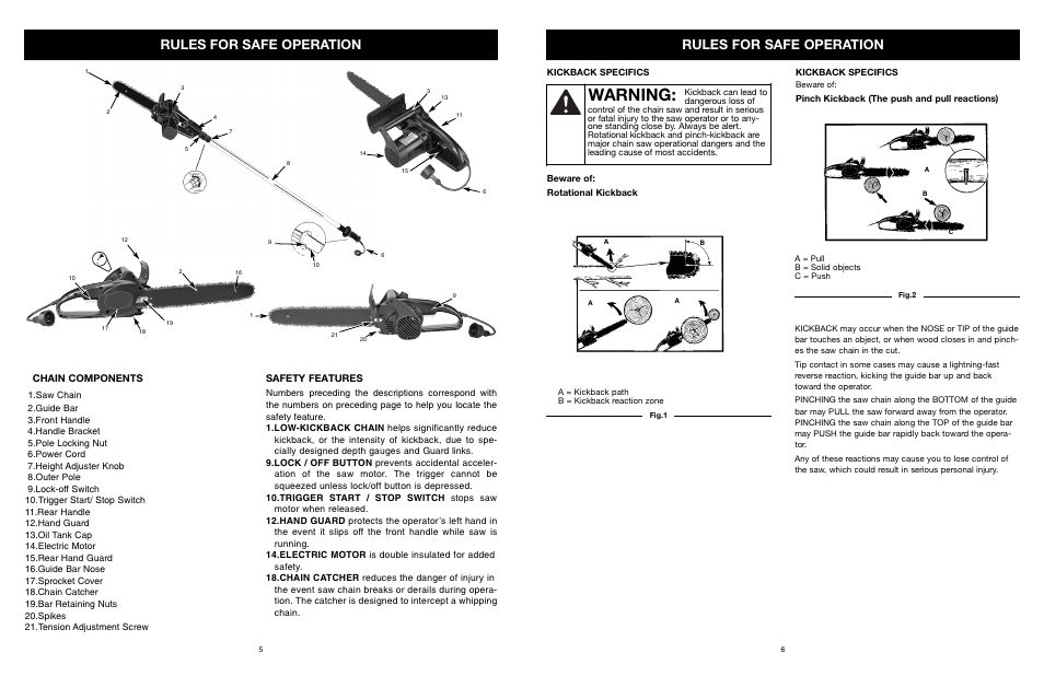 Warning, Rules for safe operation, Chain components | Safety features | MTD PS User Manual | Page 6 / 68