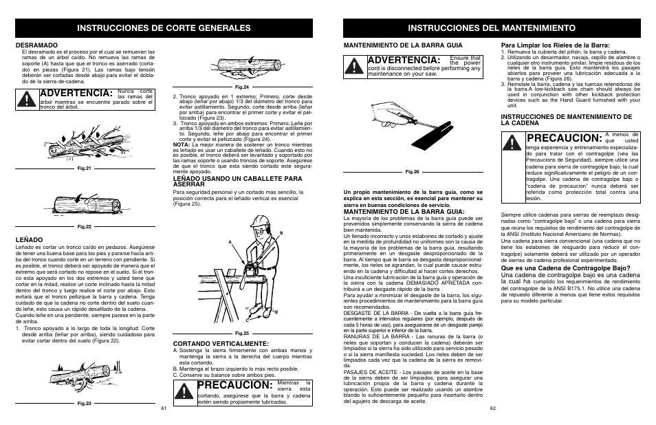 Precaucion, Advertencia, Instrucciones de corte generales | Instrucciones del mantenimiento | MTD PS User Manual | Page 63 / 68