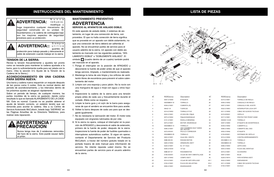 Advertencia, Advertencia / precaucion, Instrucciones del mantenimiento lista de piezas | Tension de la sierra, Acondicionamiento en una cadena para sierra nueva, Mantenimiento preventivo | MTD PS User Manual | Page 64 / 68