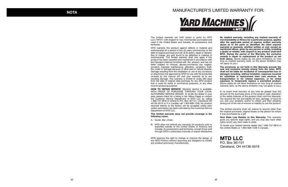 Mtd llc, Manufacturer’s limited warranty for, Nota | MTD PS User Manual | Page 66 / 68