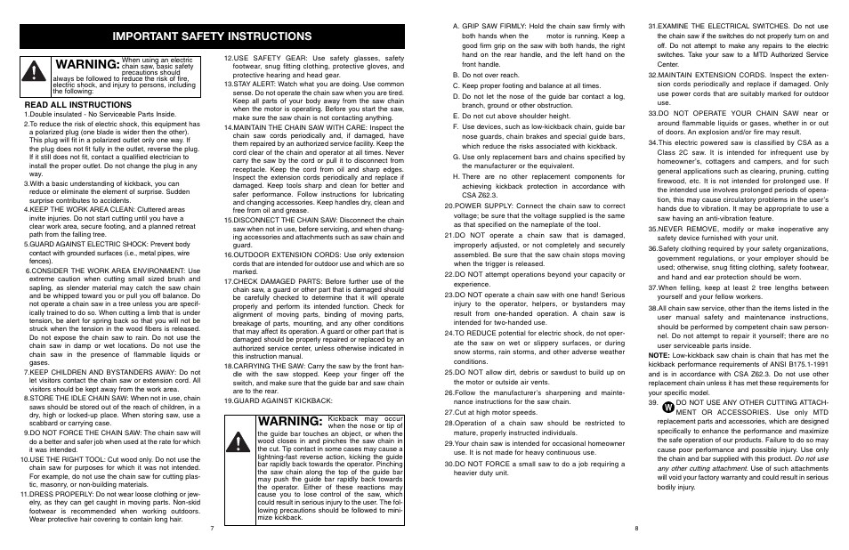 Warning, Important safety instructions | MTD PS User Manual | Page 8 / 68