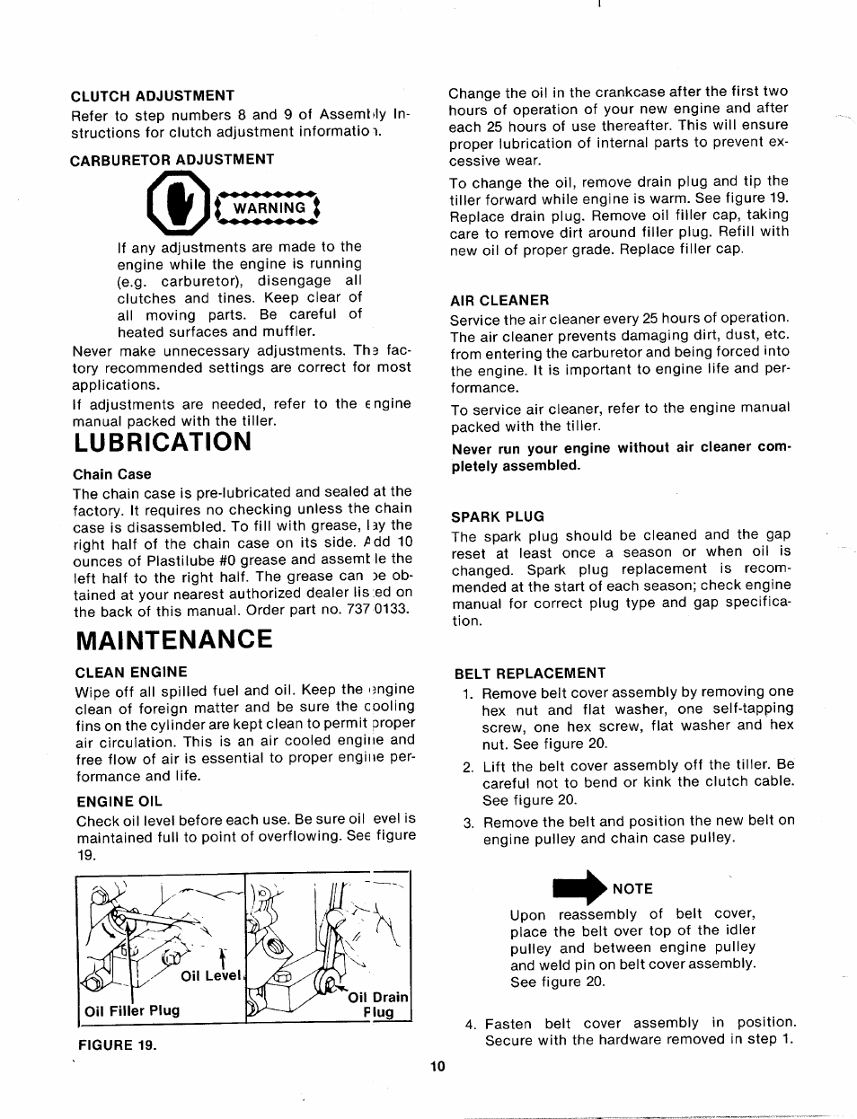 Clutch adjustment, Carburetor adjustment, Warning | Lubrication, Chain case, Maintenance, Clean engine, Engine oil, Air cleaner, Spark plug | MTD 214-031-000 User Manual | Page 10 / 16