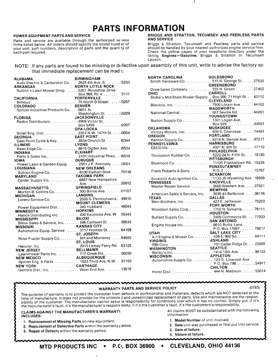 Parts information | MTD 214-031-000 User Manual | Page 16 / 16